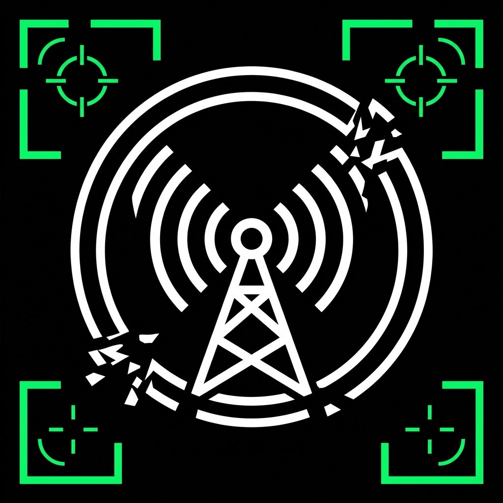 2D tactical wireframe vector UI icon of a broadcast transmission tower emitting radio waves through a broken containment ring.