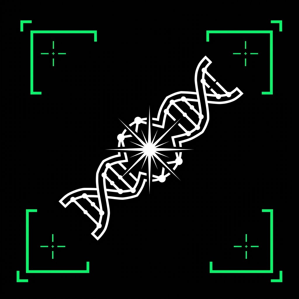 DNA_strand_with_neon_brackets_202608260827 2D tactical wireframe vector UI icon of a glowing DNA double-helix with a radiant central spark node enclosed in green corner brackets.