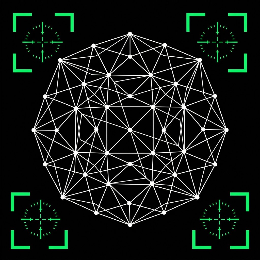 Geometric_node-link_network_matr…_202608260827 2D tactical wireframe vector UI icon of a glowing DNA double-helix with a radiant central spark node enclosed in green corner brackets.