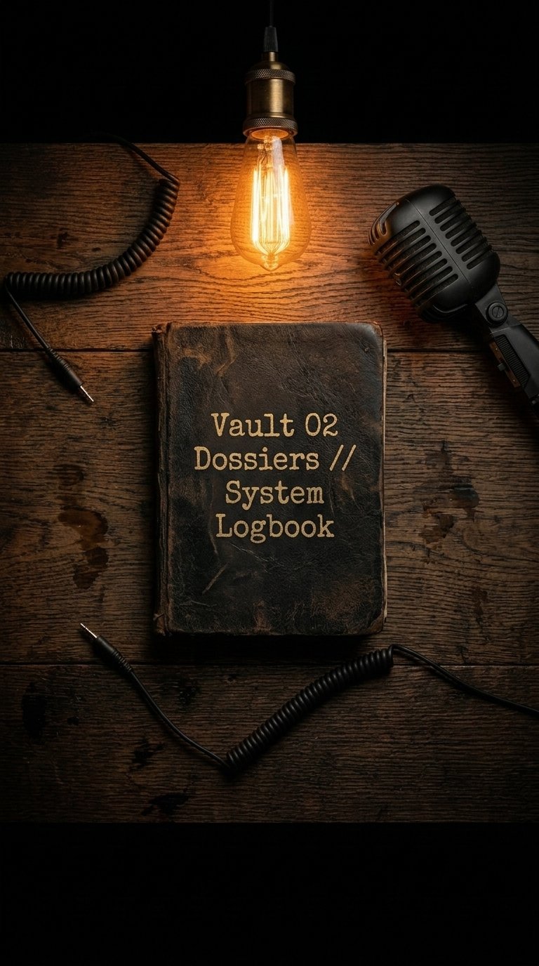 Weathered leather book stamped Vault 02 Dossiers // System Logbook on an oak workbench beside an Edison bulb, vintage microphone, and patch cables.