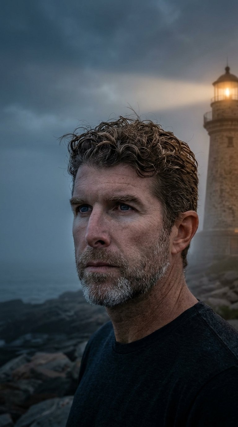 Man_standing_on_rocky_shore_202608261015 Vertical portrait of Edge City Broadcasting creator looking into the distance on a rocky coast at dusk with a weathered lighthouse cutting through rolling maritime fog in the background.