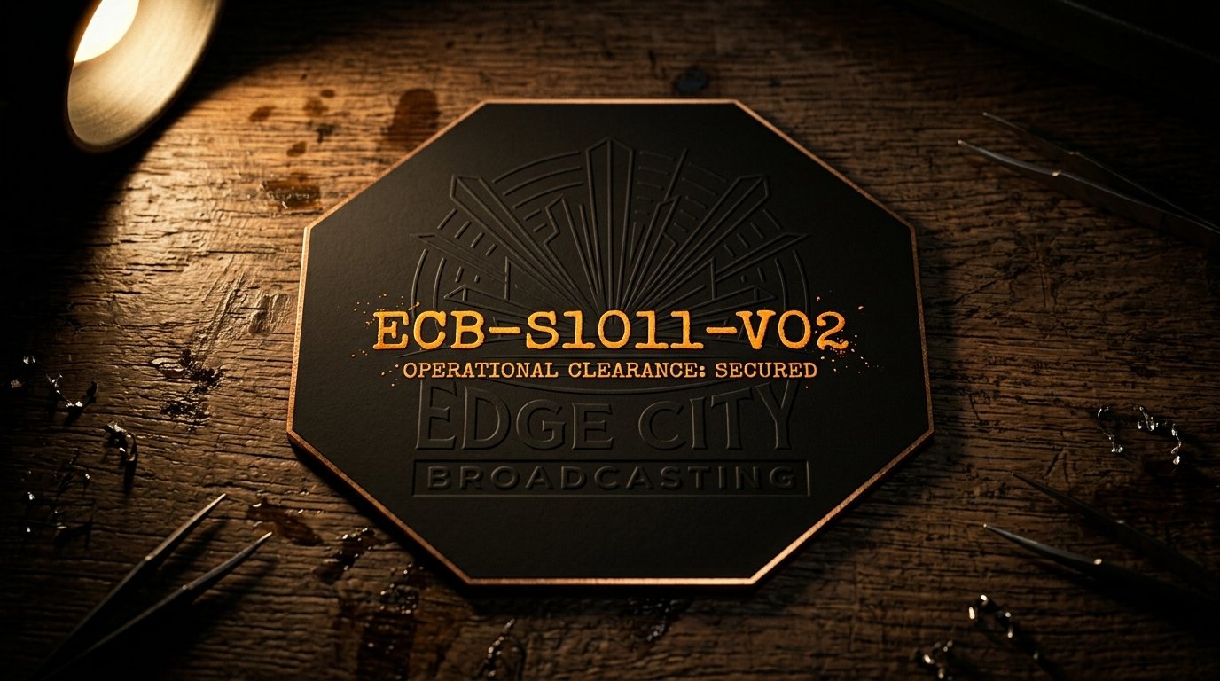 Octagonal black Edge City Broadcasting operational clearance card stamped ECB-S1011-V02 on a weathered workbench under warm spotlighting.