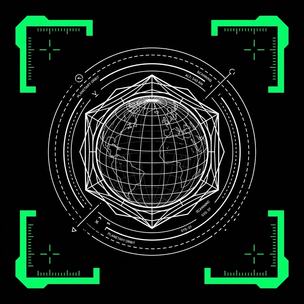 2D tactical wireframe vector UI icon showing a planetary globe enclosed in geometric telemetry rings and corner brackets.