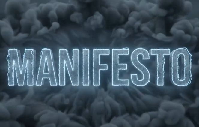 3D bold block text reading "MANIFESTO" with glowing electric-blue energy outlines emerging from dense, dark rolling fog smoke.