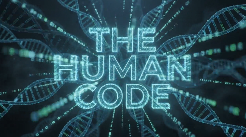 Glowing holographic block text reading "THE HUMAN CODE" surrounded by radiant cyan DNA double-helix strands and streaming digital binary matrix code.