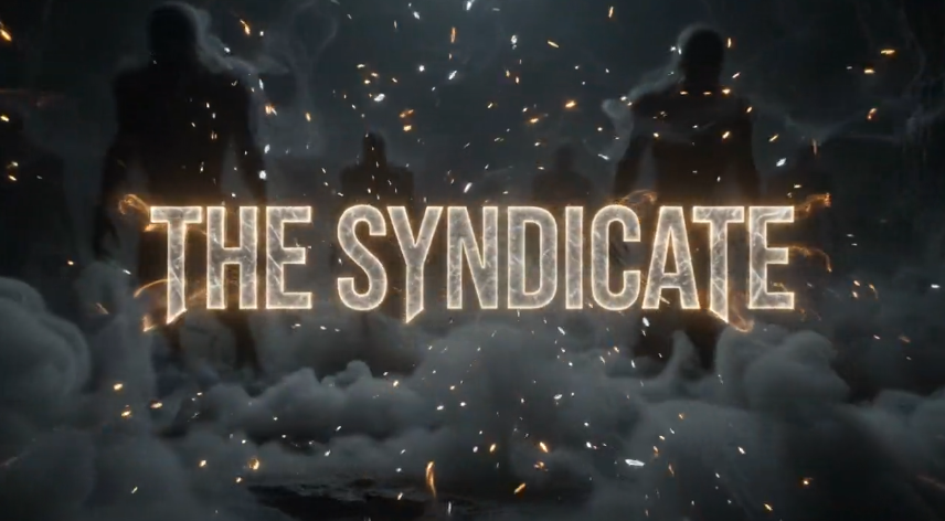 Glowing golden-amber title card reading "THE SYNDICATE" surrounded by rising smoke, sparks, and towering shadowy entity silhouettes.