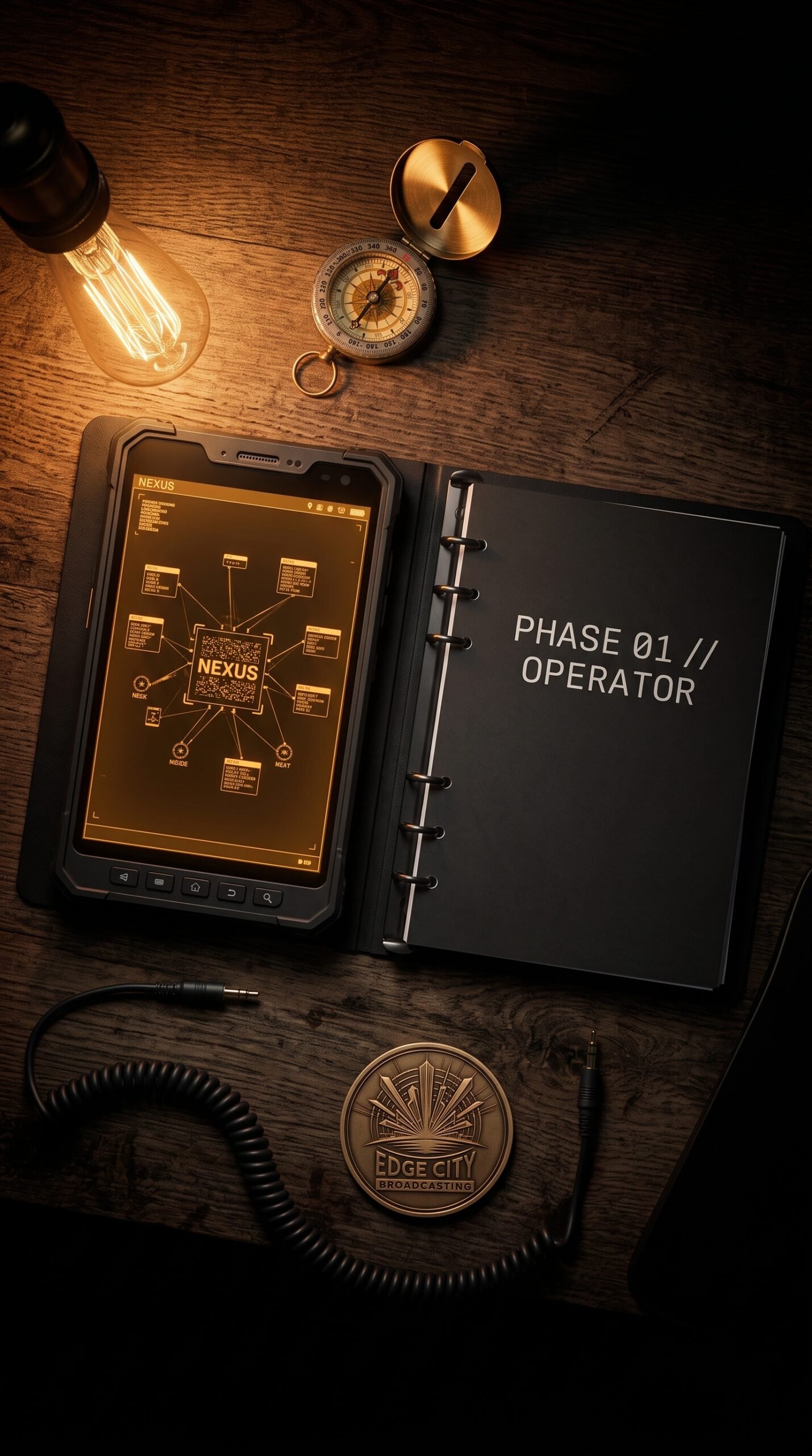 Tactical_logbook_and_field_terminal_202608191639 Rugged field terminal showing an amber NEXUS node matrix beside an open matte-black logbook stamped PHASE 01 // OPERATOR under Edison bulb lighting.
