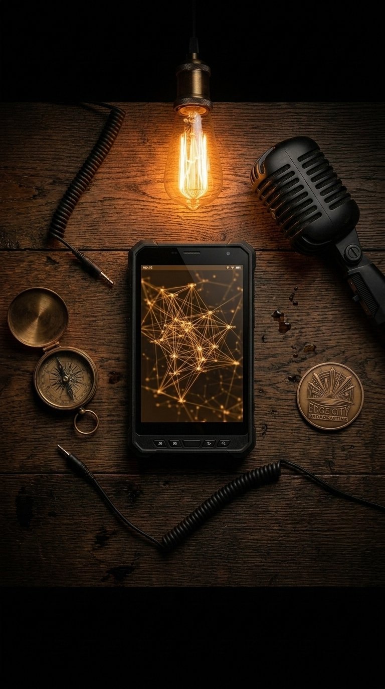 Overhead flat-lay of a rugged tactical tablet displaying an amber NEXUS node network on a dark wood workbench next to a vintage broadcast microphone, brass compass, challenge token, and an Edison bulb.
